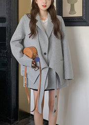 Chic Grey Button Pockets Patchwork Woolen Two Pieces Set Fall