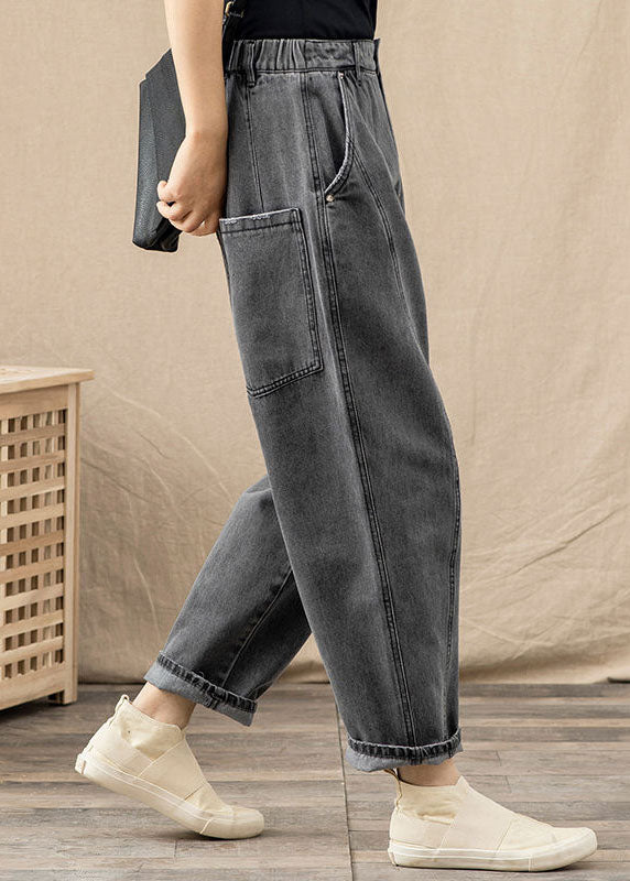 Chic Grey Elastic Waist Pockets Patchwork Cotton Denim Harem Pants Summer