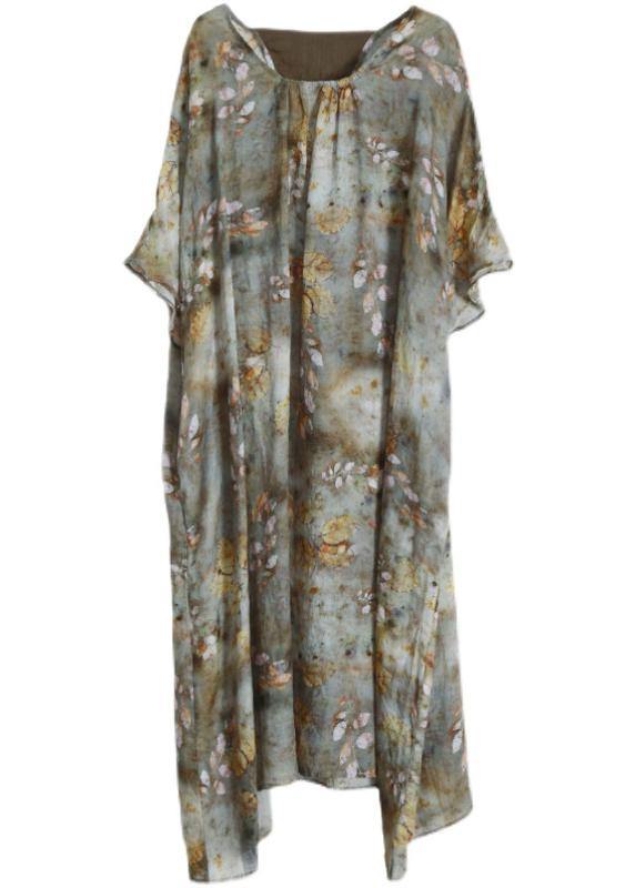 Chic Grey Green Print Linen Pockets Summer Dresses - bagstylebliss