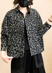 Chic Grey Leopard Print Button Patchwork Cotton Coat Fall