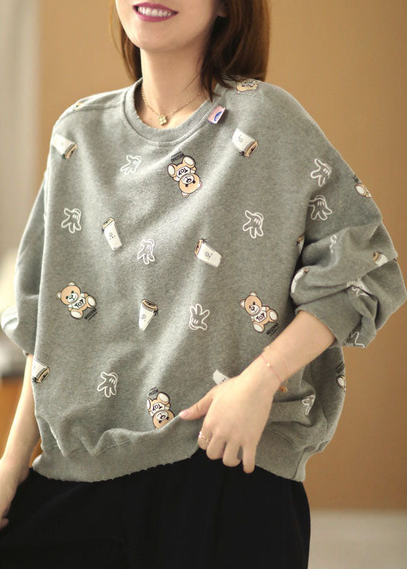 Chic Grey Loose O-Neck Print Fall Pullover Street Wear