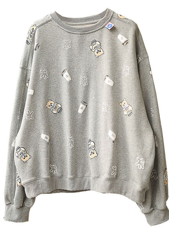 Chic Grey Loose O-Neck Print Fall Pullover Street Wear