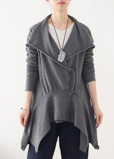 Chic Grey Peter Pan Collar Zippered Fall Short Coat - bagstylebliss