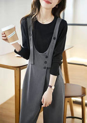 Chic Grey Pockets High Waist Patchwork Cotton Jumpsuits Fall