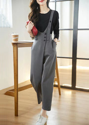 Chic Grey Pockets High Waist Patchwork Cotton Jumpsuits Fall