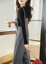 Chic Grey Pockets High Waist Patchwork Cotton Jumpsuits Fall