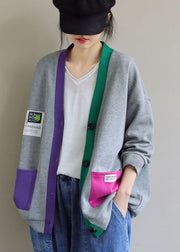 Chic Grey V Neck Patchwork Cotton Cardigans Coats Spring