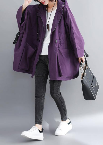 Chic Hooded Tie Waist Plus Size Spring Coats Women Purple Dresses Jackets - bagstylebliss