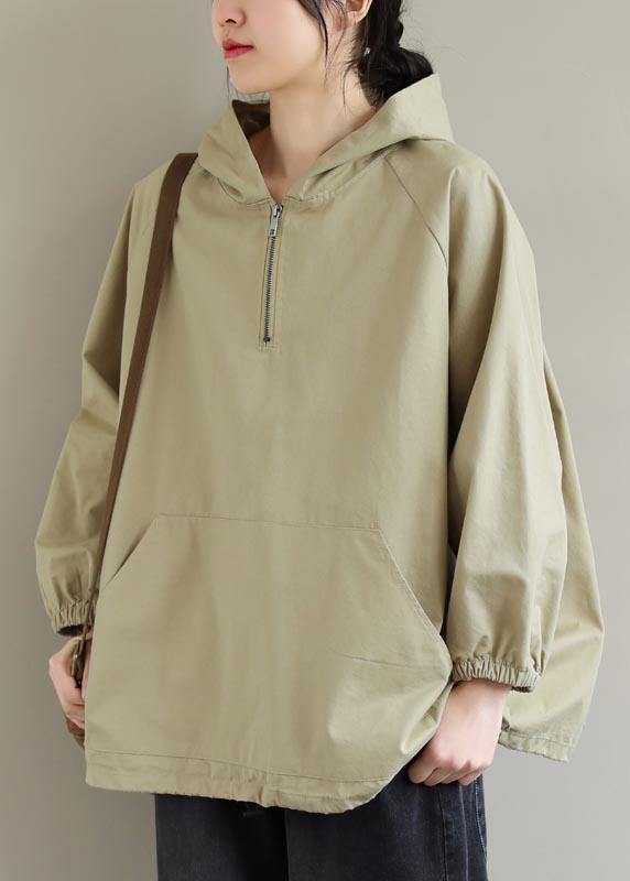 Chic Hooded Zip Up Spring Clothes For Women Work Outfits Khaki Blouses - bagstylebliss