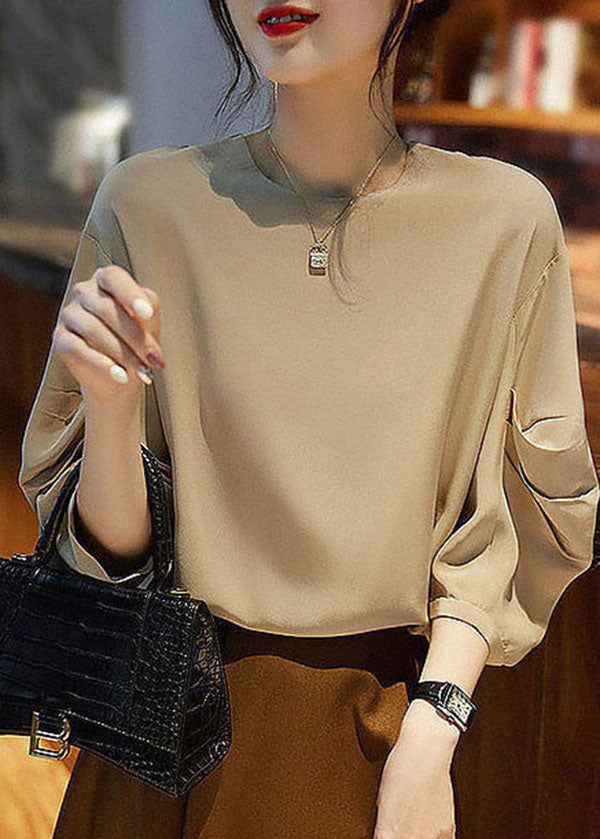 Chic Khaki O-Neck Cinched Chiffon Shirt Tops Lantern Sleeve