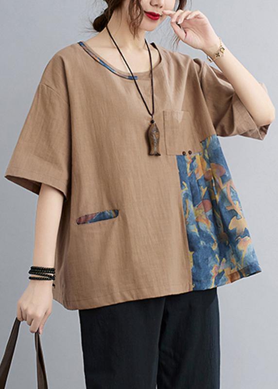 Chic Khaki Patchwork Pockets Cotton Linen Shirt Summer - bagstylebliss