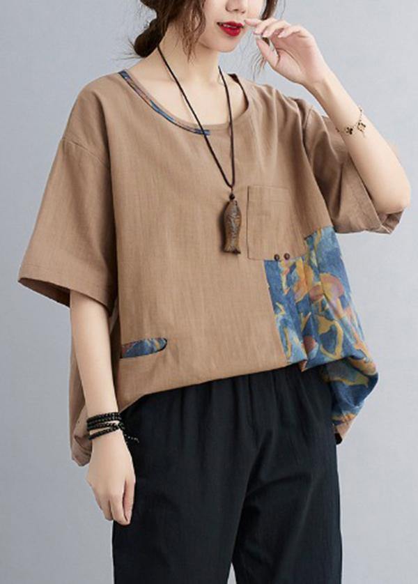 Chic Khaki Patchwork Pockets Cotton Linen Shirt Summer - bagstylebliss