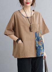 Chic Khaki Patchwork Pockets Cotton Linen Shirt Summer - bagstylebliss