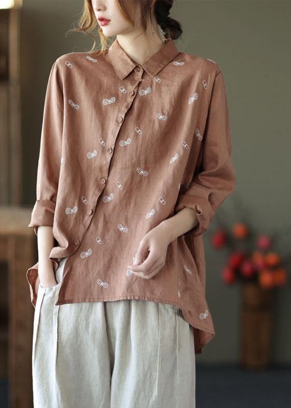 Chic Khaki Peter Pan Collar Button Fall Asymmetrical Design Top Long Sleeve - bagstylebliss