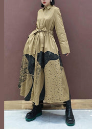 Chic Khaki Print Tunics Lapel Drawstring Robes Spring Dresses - bagstylebliss