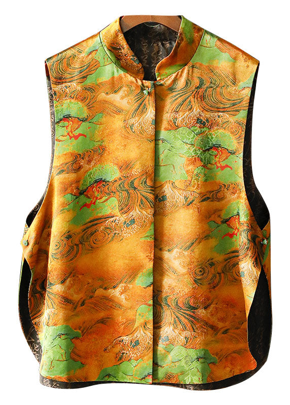 Chic Khaki Stand Collar button side open print Silk vests Spring