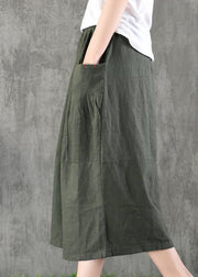 Chic Khaki elastische Taille Taschen Baumwolle Leinen A-Linie Rock Frühling