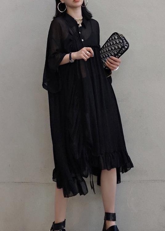 Chic Lapel Asymmetric Spring Quilting Dresses Design Black Long Dresses - bagstylebliss