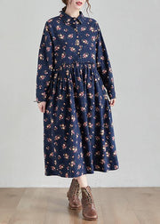 Chic Lapel Cinched Spring Tunics Shape Navy Print Traveling Dress - bagstylebliss