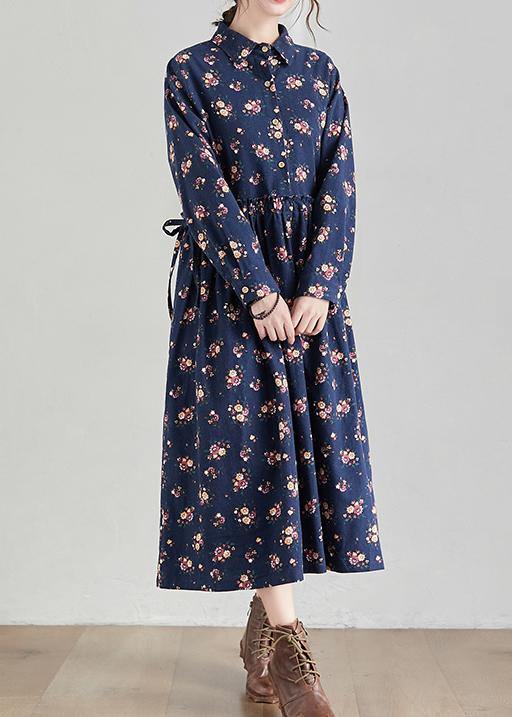 Chic Lapel Cinched Spring Tunics Shape Navy Print Traveling Dress - bagstylebliss