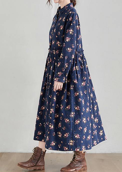 Chic Lapel Cinched Spring Tunics Shape Navy Print Traveling Dress - bagstylebliss