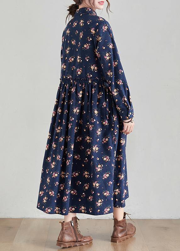 Chic Lapel Cinched Spring Tunics Shape Navy Print Traveling Dress - bagstylebliss