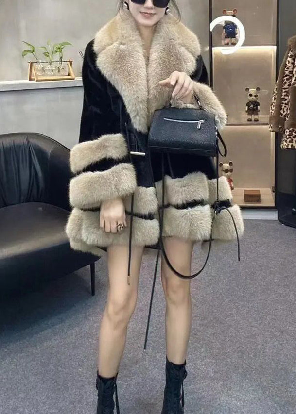 Chic Leopard Peter Pan Collar Drawstring Patchwork Fuzzy Fur Fluffy Coats Winter