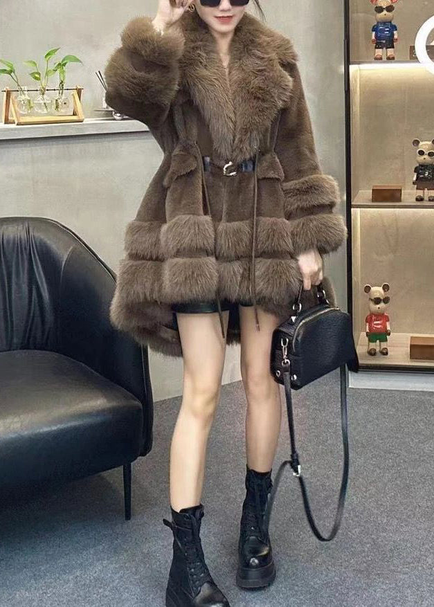 Chic Leopard Peter Pan Collar Drawstring Patchwork Fuzzy Fur Fluffy Coats Winter