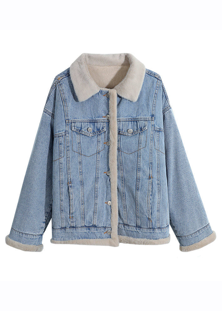 Chic Light Blue Peter Pan Collar Pockets Warm Fleece Denim Coats Long Sleeve