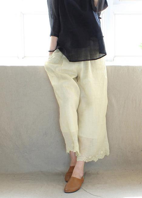 Chic Light Yellow Embroidery Trousers Thin Summer Elastic Waist Wardrobes Casual Pants - bagstylebliss