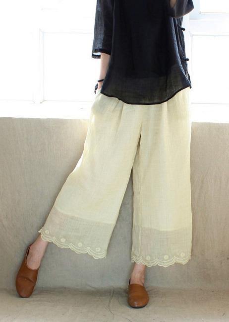 Chic Light Yellow Embroidery Trousers Thin Summer Elastic Waist Wardrobes Casual Pants - bagstylebliss