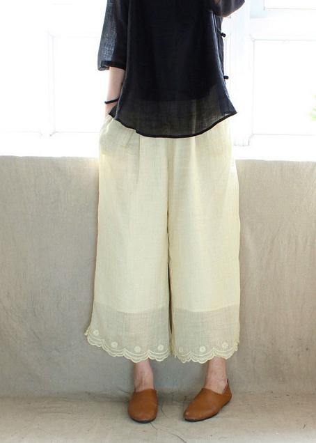 Chic Light Yellow Embroidery Trousers Thin Summer Elastic Waist Wardrobes Casual Pants - bagstylebliss