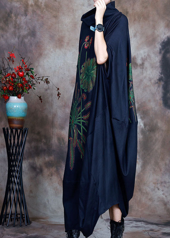 Chic Navy Asymmetrical Print Velour Holiday Dress Winter