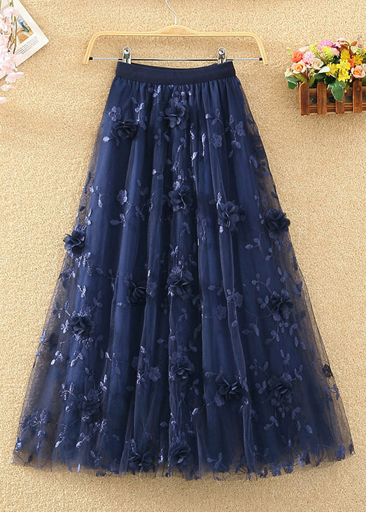 Chic Navy Embroidered Elastic Waist Tulle Skirts Summer