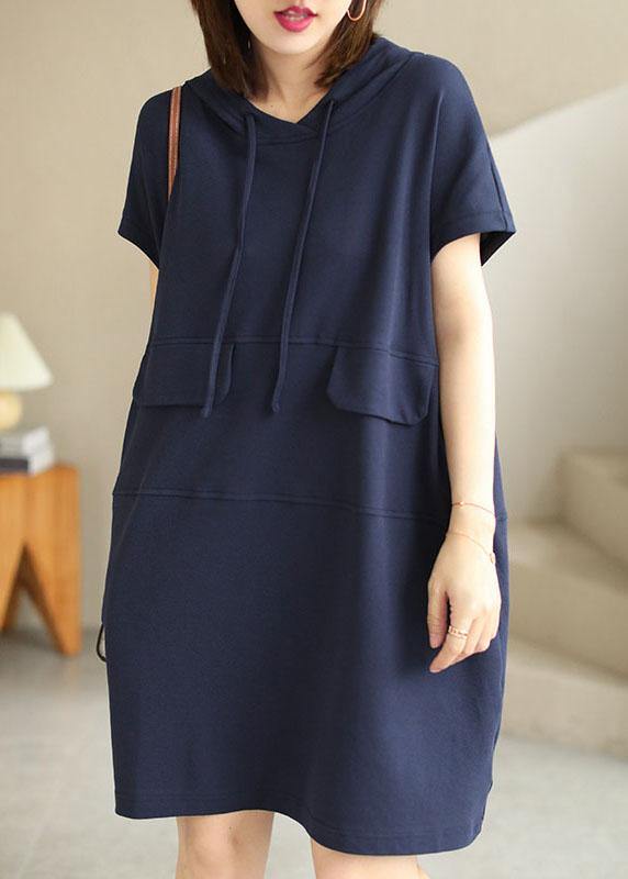 Chic Navy Hooded drawstring Patchwork Fall Short Sleeve Dress - bagstylebliss