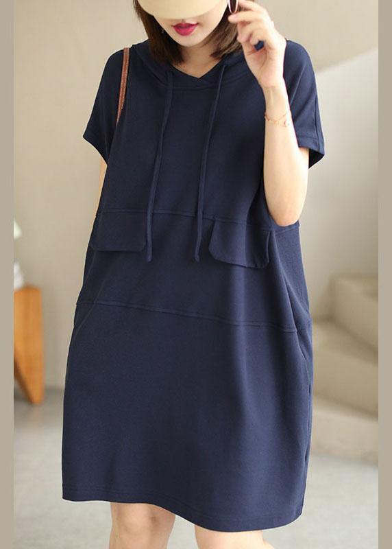 Chic Navy Hooded drawstring Patchwork Fall Short Sleeve Dress - bagstylebliss