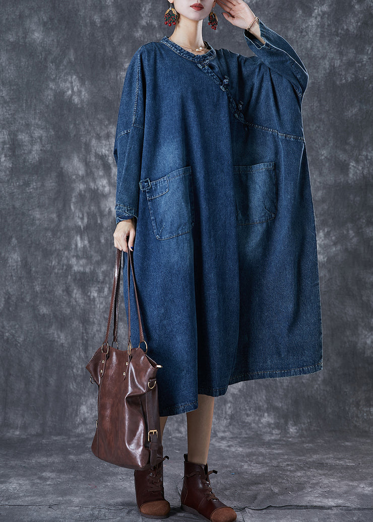 Chic Navy Oversized Chinese Button Denim Maxi Dress Fall