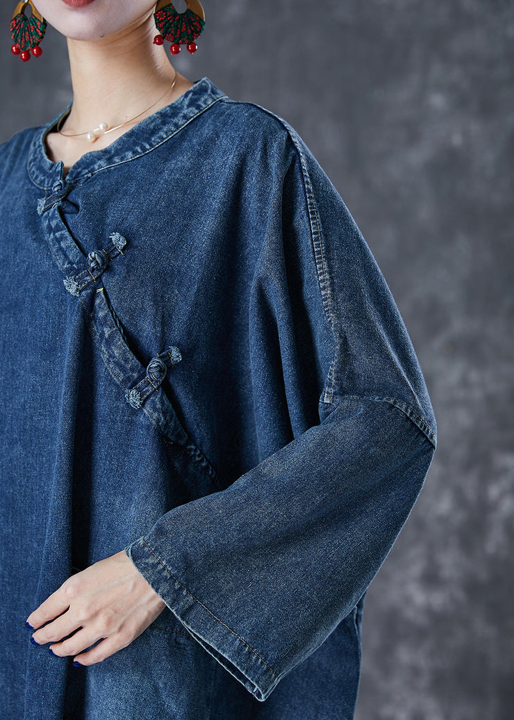 Chic Navy Oversized Chinese Button Denim Maxi Dress Fall