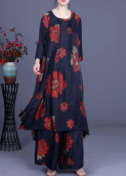 Chic Navy Print long smock Wide Leg Chiffon Women Two Pieces Sets - bagstylebliss