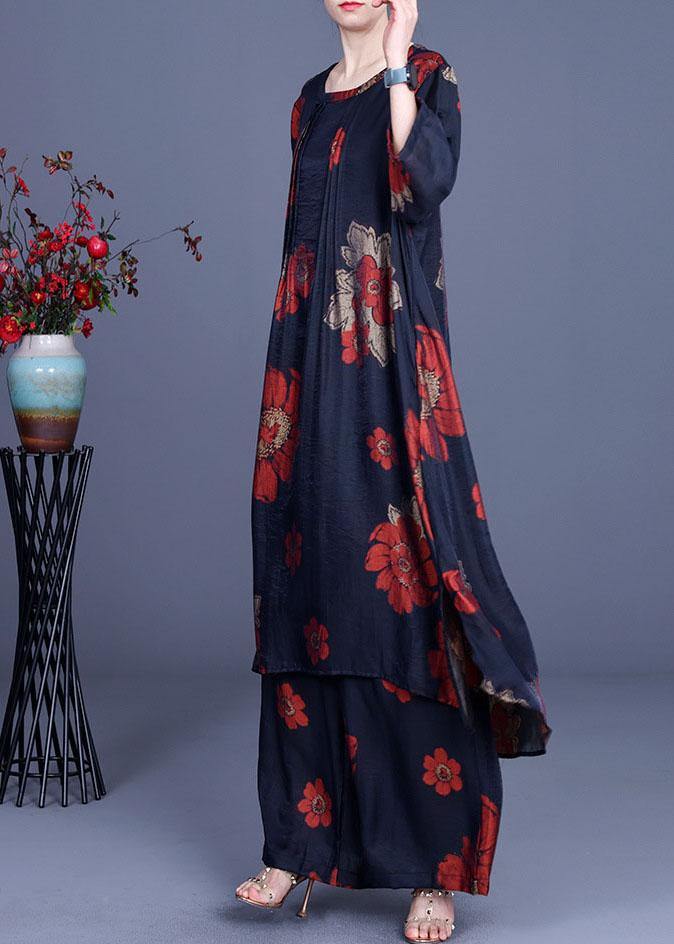 Chic Navy Print long smock Wide Leg Chiffon Women Two Pieces Sets - bagstylebliss