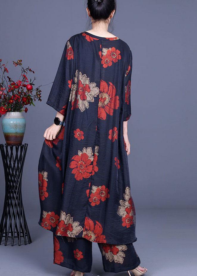 Chic Navy Print long smock Wide Leg Chiffon Women Two Pieces Sets - bagstylebliss