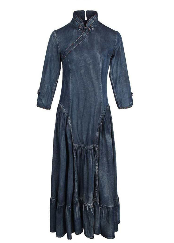 Chic Navy Stehkragen asymmetrisches Design Rüschen Baumwoll-Denim-Kleider mit langen Ärmeln