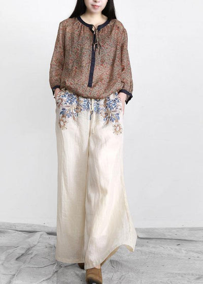 Chic Nude Print Elastic Waist Linen Pants - bagstylebliss