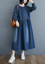 Chic O Neck Cinched Spring Tunic Wardrobes Denim Blue Art Dresses - bagstylebliss
