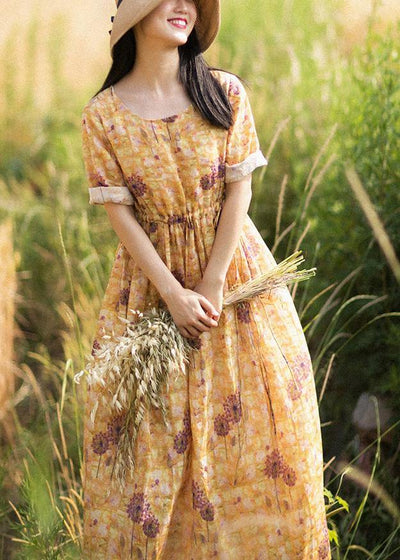 Chic O-Neck Summer Clothes Pattern Yellow Print Dress - bagstylebliss