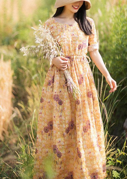 Chic O-Neck Summer Clothes Pattern Yellow Print Dress - bagstylebliss