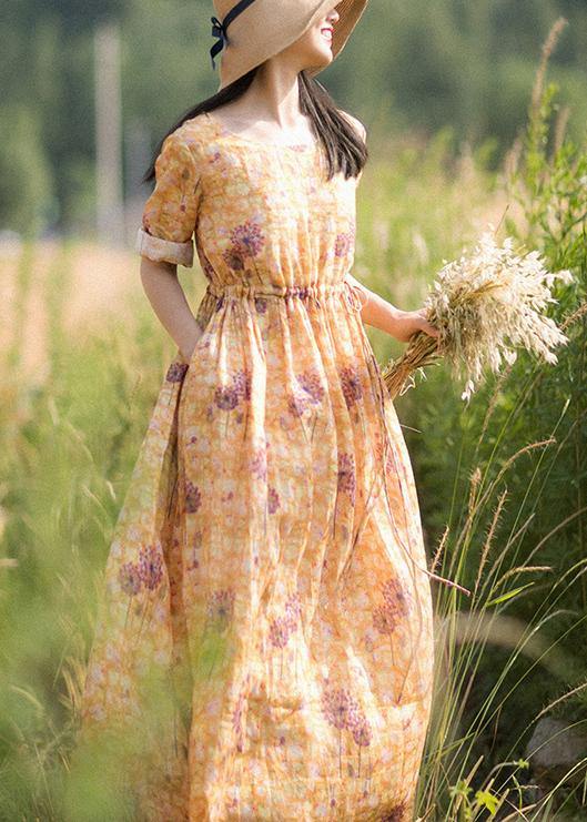 Chic O-Neck Summer Clothes Pattern Yellow Print Dress - bagstylebliss