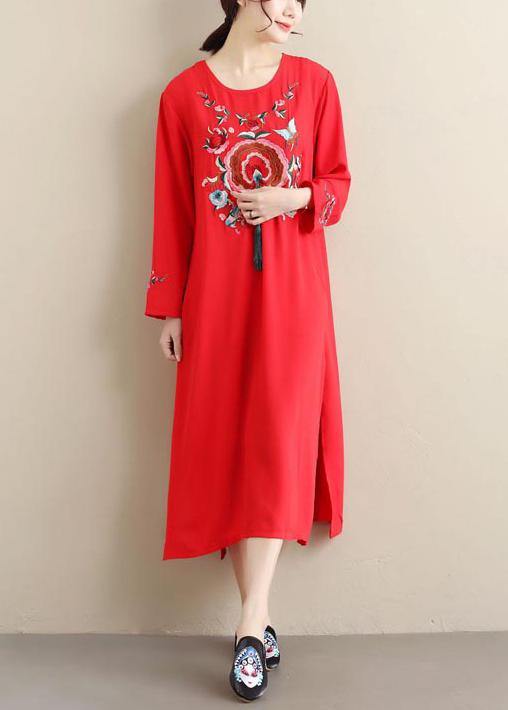 Chic O Neck Tassel Spring Tunics Outfits Red Embroidery A Line Dresses - bagstylebliss