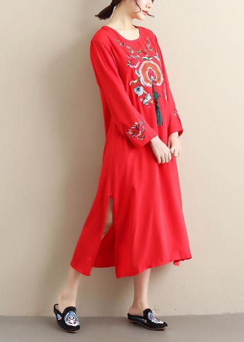 Chic O Neck Tassel Spring Tunics Outfits Red Embroidery A Line Dresses - bagstylebliss
