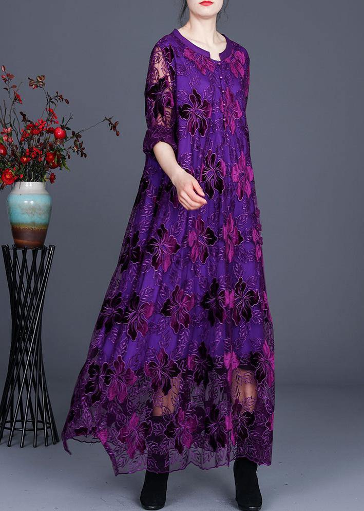 Chic Purple Lace Maxi Dress Caftans Loose Dresses - bagstylebliss
